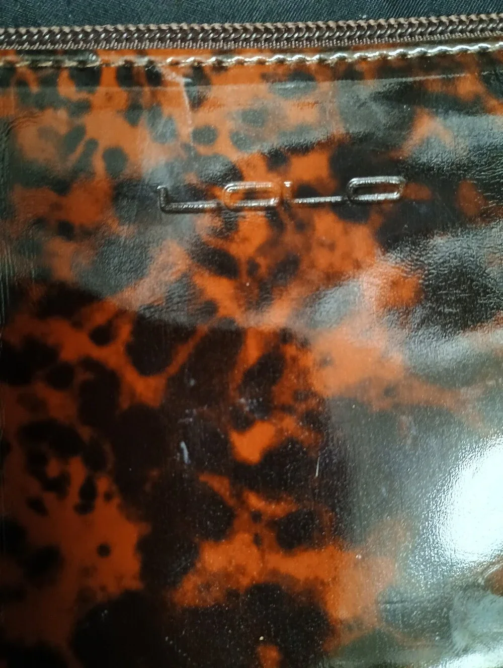 LOLO Tortoise Shell Patent Leather Makeup Pouch W/ Applique Gold Skull & Mirror